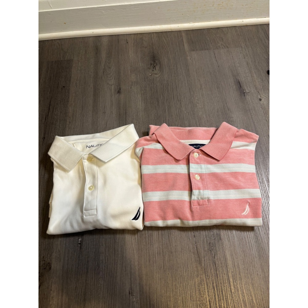 Nautica Polo Shirt Bundle Mens Large White Pink Striped Cotton